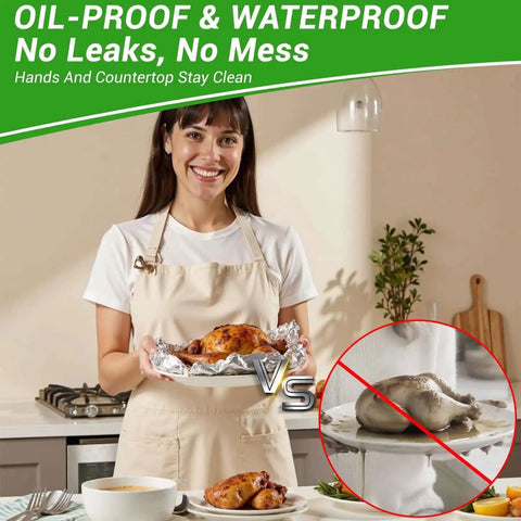 Woman holding chicken wrapped in Grab And Go Pre Cut Pop Up Aluminum Foil Sheets 400 Count 12 By 10.6 Inches for mess-free cooking.
