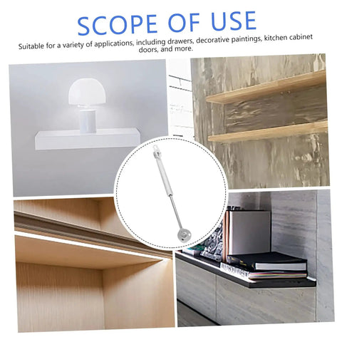 Collage showing heavy duty cabinet hinge lift support rod for folding lids, suitable for kitchen cabinets, drawers, and more.