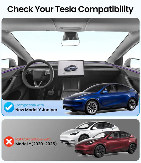 Interior view of a car showing a dashboard, touchscreen, and compatibility notes with Model Y Juniper for Magnetic Foldable Glass Sun Shade.