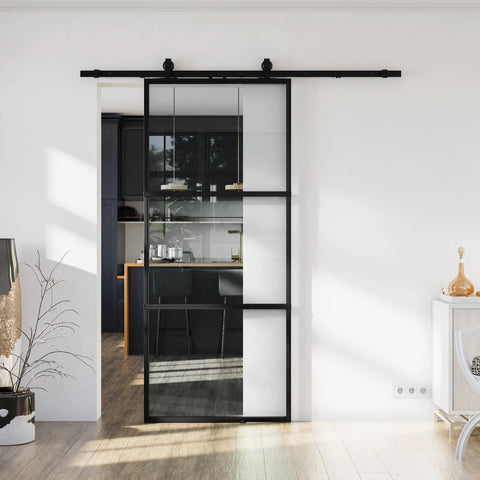 36 By 84 Inch Metal And Glass Sliding Barn Door With Hardware Kit Soft Close Included, installed, black frame, clear panels