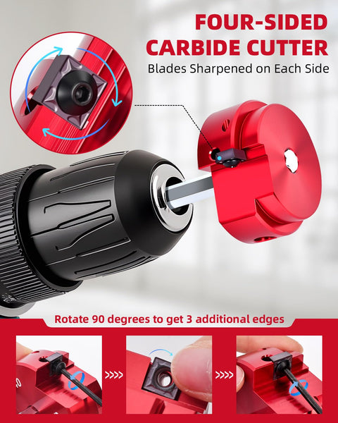 ERAYCO 3/4 in PVC pipe reamer tool attached to a drill; red aluminum body with four-sided carbide cutter
