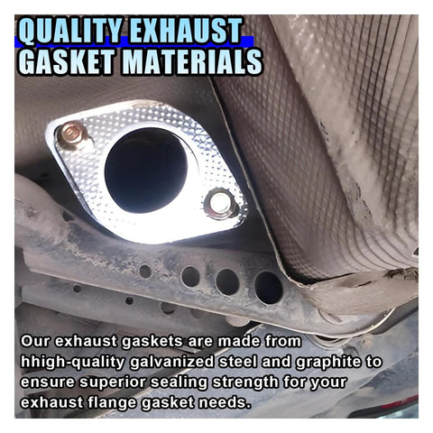 2.5-inch two-bolt exhaust flange gasket installed on vehicle; galvanized steel flange plate with round port
