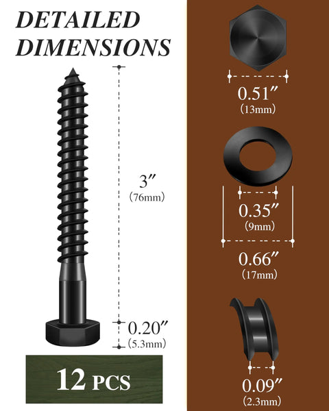Heavy Duty Five Sixteenth Inch By Three Inch Hex Head Lag Bolts With Flat Washers In 304 Stainless Steel 18 8 Black For Wood With Hex Socket Pack Of Twelve Sets dimensions diagram