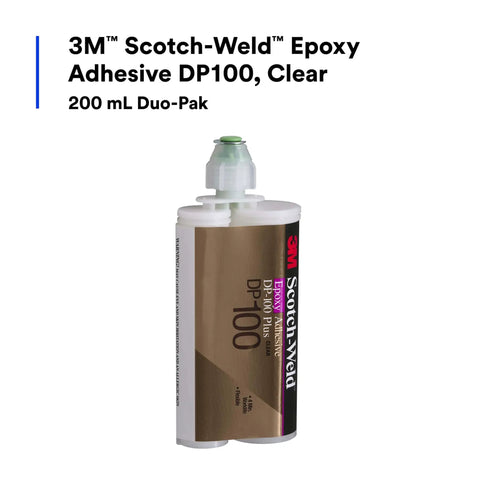 Two-Part Fast Cure Clear Epoxy Adhesive DP100, 200 mL Duo-Pak, shown in packaging, ideal for wood, metal, glass, and concrete.