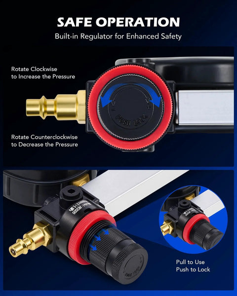 Close-up of Leak Down Tester Kit For Auto Engines with built-in regulator, showing valve and pressure adjustment instructions.