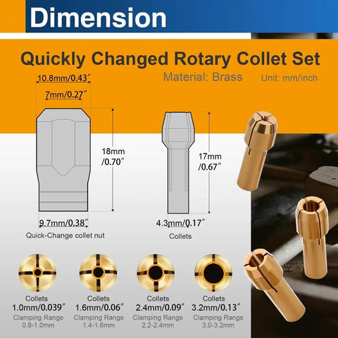 Dimensions of Brass Rotary Tool Collet Set With 1mm 1.6mm 2.4mm 3.2mm Sizes 2 Pack For Precise Fit And Quick Accessory Hold