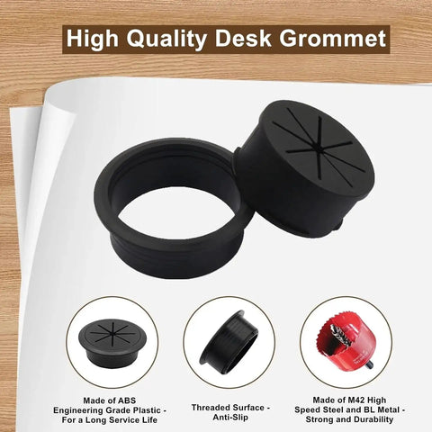 4 Pack Desk Grommet Kit With 2 Inch Hole Includes Hole Saw Drill Attachment And 6 Cable Ties, Black ABS Covers Display