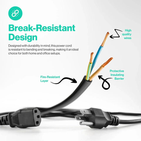 Five Foot Black 3 Prong AC Power Cord Cable, 10 Amp, 125 Volt For Electronics, TV, Computer, Printer, Monitor, Laptop And More, Durable Molded Flexible Power Cable For Home Or Office, showing cross-section