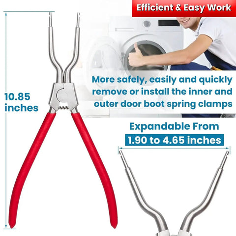 Washing machine door boot spring clamp removal tool with red-handled pliers; expandable from 1.90 to 4.65 inches.