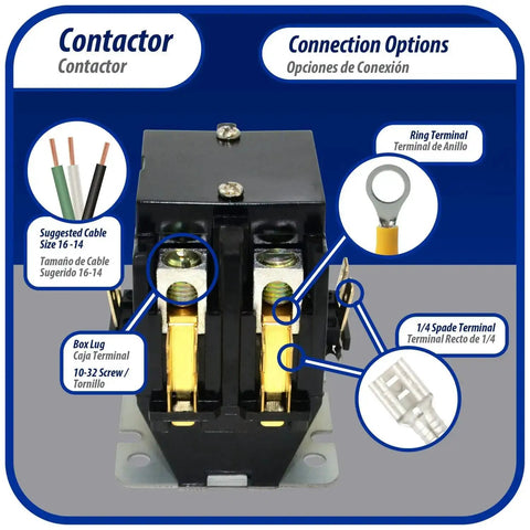Heavy Duty 2 Pole Contactor APAC-240240 40 Amp 240V Coil Replacement with connection options, cables, and terminals