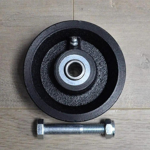 4 Inch V Groove Cast Iron Wheel Caster for Rolling and Sliding Gates Includes Axle Bolt and Nut, Overhead View