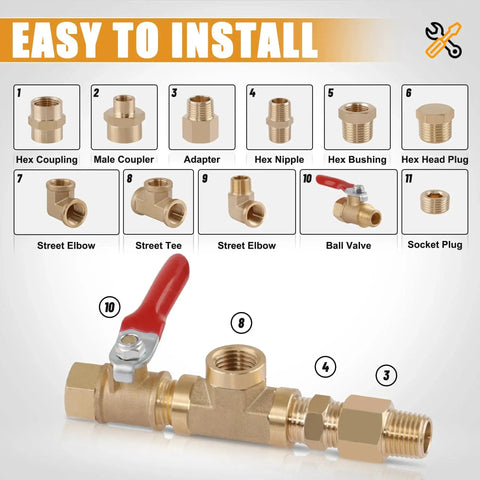 105 Piece Brass Pipe Fittings Set With NPT Adapters Reducing Bushings Hex Nipples Reducing Hex Couplings 90 Degree Street Elbows
