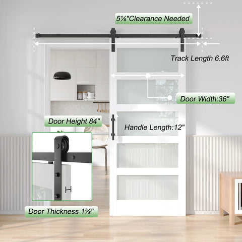 36x84 White Frosted Glass Barn Door With Sliding Hardware Kit Included, PVC Finish for kitchen, modern farmhouse style installed in home setting.