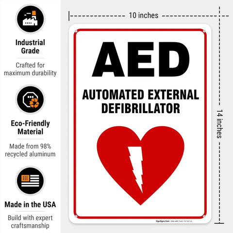 AED Sign For Automated External Defibrillator 10 By 14 Inches 55 Mil Thick HDPS High Density Polystyrene Made In USA Weather Resistant