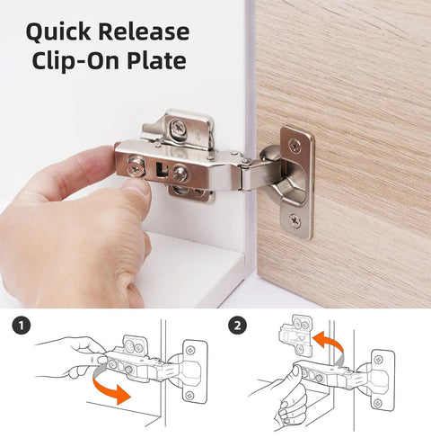 Full Overlay European Soft Close Cabinet Hinges For Kitchen Cabinets 20 Pieces 105 Degree Frameless Concealed Cabinet Door Hinge Six Way Adjustable Clip On Plate For Easy Installation DecoBasics in use with hand adjusting clip-on plate on cabinet door.