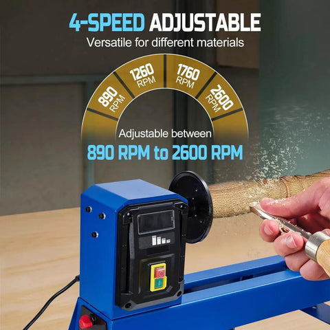 Beast Of A Benchtop Wood Lathe With 14 Inch Swing And 40 Inch Between Centers 400W Motor shown with speed adjustment feature.
