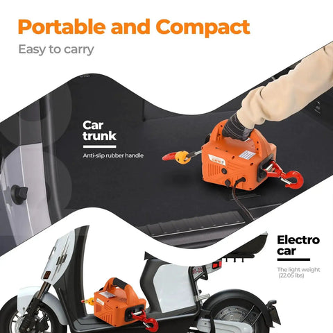 3 In 1 Electric Hoist Winch 1500W 1100Lbs Lift Capacity 25ft Height in car trunk, showing compact and portable design