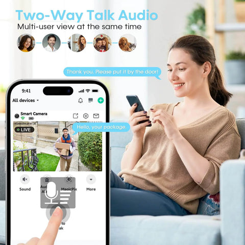 Woman using smartphone app for 2 Pack Wireless Outdoor Security Cameras With Magnetic Mounts No Drill Setup Hassle Free