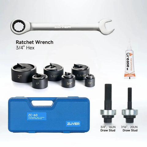 Heavy Duty Manual Ratchet Knockout Hole Punch Kit Built To Last With Six Dies From One Half Inch To Two Inches, tools displayed with grease and blue case