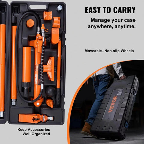 12 Ton Porta Power Kit With Hydraulic Ram And Pump 4.6 Ft Oil Hose Portable in case with organized accessories