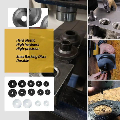 Dimple Die Set With Steel Backing Discs For Harbor Freight Hydraulic Punch Driver Kit includes dies and discs in use
