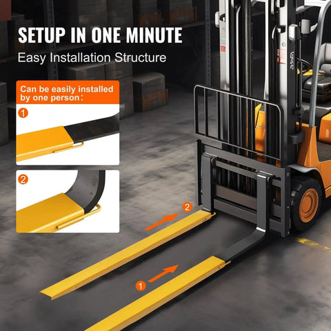 96 Inch Fork Extensions For 5 Inch Forks Forklift Loaders Heavy Duty Steel Pair on forklift in warehouse