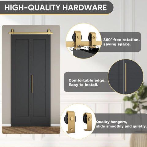 36 Inch By 84 Inch Bi-Fold Barn Door With Brushed Gold Hardware Kit, Hollow Core Interior Folding Sliding Door In Textured Black