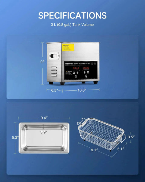 CREWORKS 3L ultrasonic cleaner with digital controls; stainless steel unit with tray and wire basket
