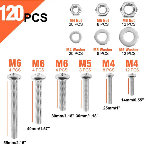 Close-up of Premium Galvanized Bolts Nuts And Washer Set 120 Piece Kit for DIY home repair with 40 bolts, 40 nuts, 40 washers.