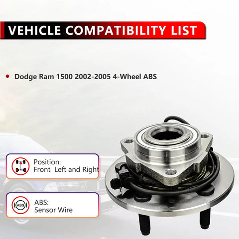 Pair Front Wheel Hub Bearing Assembly For Dodge Ram 1500 2002 2003 2004 2005, 5 Lug, 4 Wheel ABS Replacement Kit, front view