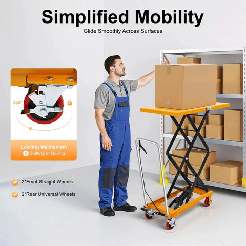 Hydraulic lift table cart with yellow platform, black scissor lift, 4 locking wheels, carrying a cardboard box.