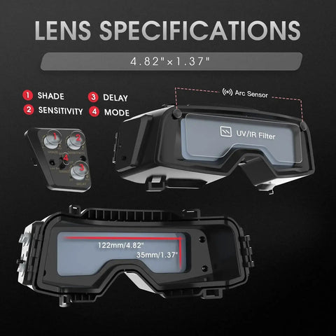 True Color Auto Darkening Welding Goggles With Wide Shade Range 4/5-9/9-13 showing lens specifications and controls.