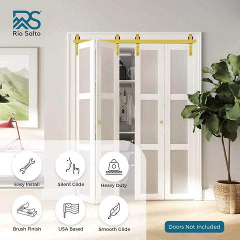 Installed Gold Bi-Fold Barn Door Hardware Kit with Heavy Duty Metal Track System for Four Doors, no doors included, front view