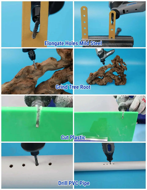 Using Twenty Piece Carbide Burr Set With One Eighth Inch Shank For Dremel Rotary Tools on metal, wood, plastic, and PVC pipe