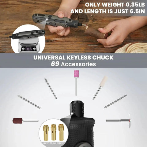 Mini Cordless Rotary Tool Kit All In One With 5 Speeds And 69 Accessories 4V Power shown with keyless chuck and accessories.