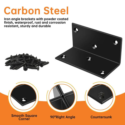Heavy Duty 4 Pack L Brackets 4 Inch Wide Steel Corner Braces 2x2x4 With Screws showing black design and installation features