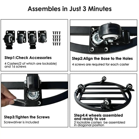 Assembly instructions for 18 Inch Round Plant Caddy with Wheels Heavy Duty Metal Plant Dolly showing parts and step-by-step guide