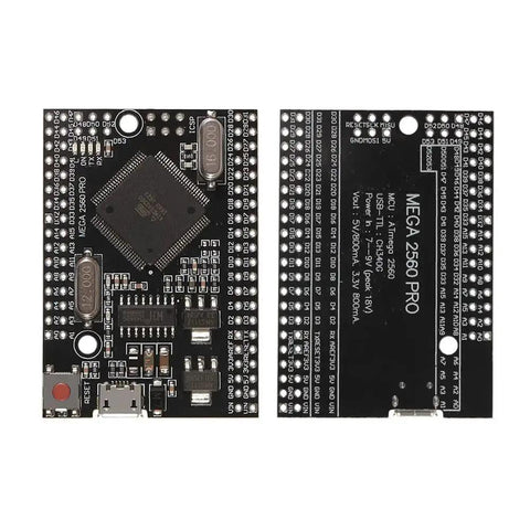 Front and back view of Mega 2560 Pro Embedded Board With CH340G USB UART Converter And ATmega2560-16AU Chip, compact 38x55mm size