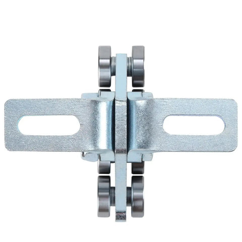 Top view of Electric Hoist Trolley Assembly with 8 wheel rollers for garage hoist systems, compatible with 1-5/8 inch wide strut channel.