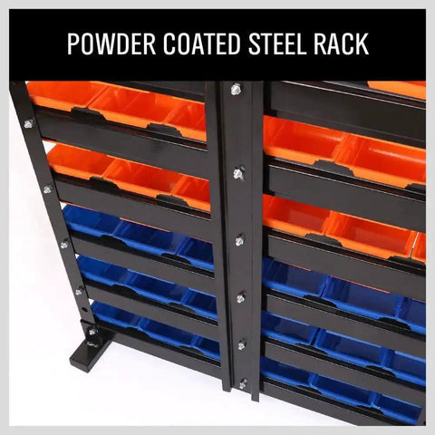 Wall Mounted 36 Bin Storage Rack for Garage and Workshop Heavy Duty Plastic Bin Organizer Kit with orange and blue bins