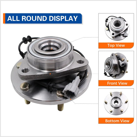 Front Wheel Hub Bearing Assembly With ABS Plug And Play Direct Fit For 2004-2007 Infiniti QX56, 2005-2007 Nissan Armada, 2004 Pathfinder, and Titan Six Lug all-around display including top, front, and bottom views.