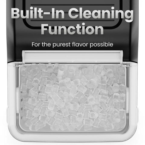Countertop nugget ice maker with black exterior and a clear ice bin filled with pebble ice cubes.