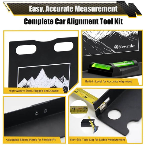 Wheel Alignment Tool With Imperial Tape Measure And Heavy Duty Toe Alignment Plates No Caliper Removal Needed, shown in detail with level and tape.
