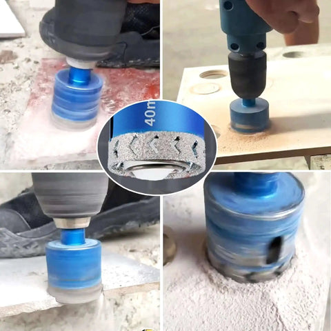 Diamond Hole Saw Set Ten Pieces One Quarter Inch To Two Inch Diamond Core Drill Bits For Porcelain Tile Ceramic Granite Marble Stone And More With Quick Eject Spring Design And Self Cooling Sponge For Clean Fast Drilling Pro Grade in action on tiles