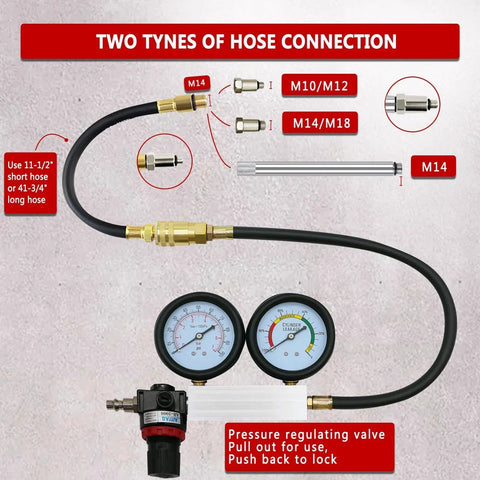 Cylinder Leak Down Tester Kit For Automotive Engine Diagnosis And Compression Testing, Leakage Detector Tool Set With Pressure Gauges To Locate Piston Ring Wear, Cylinder Head Cracks, Valve Wear And Seals, Light Red TU-21 with hose connections and pressure gauges shown.