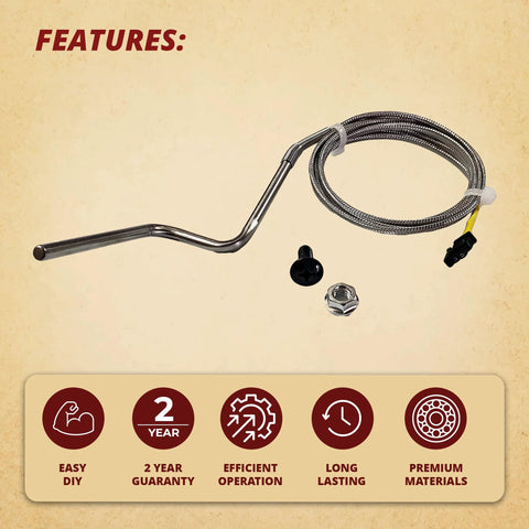 Quadrafire thermocouple K with braided stainless cable and metal probe, includes nut and screw hardware