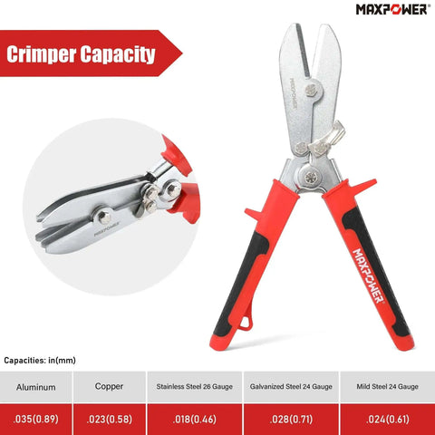 5-Blade Sheet Metal Crimper Hand Tool For Ductwork And Stove Pipe displayed, red handles, suitable for 24 and 26 gauge metals.