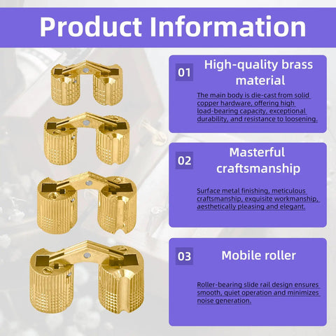 8Pcs Brass Barrel Hidden Hinges Set With 8mm 10mm 12mm And 14mm Sizes in solid brass construction, shown with product information.