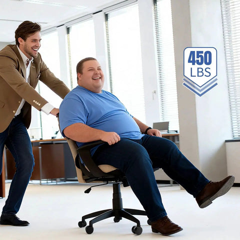 Man sitting on office chair with Heavy Duty 2 Inch Office Chair Wheels Set Of 5, smiling in bright office environment, 450 lbs capacity shown.