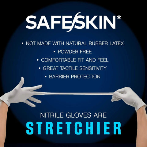 Hands stretching a powder-free nitrile exam glove, showcasing flexibility and comfort. Powder Free Nitrile Exam Gloves 3.5 Mil Large 400 Count Medical Dental Cleaning.